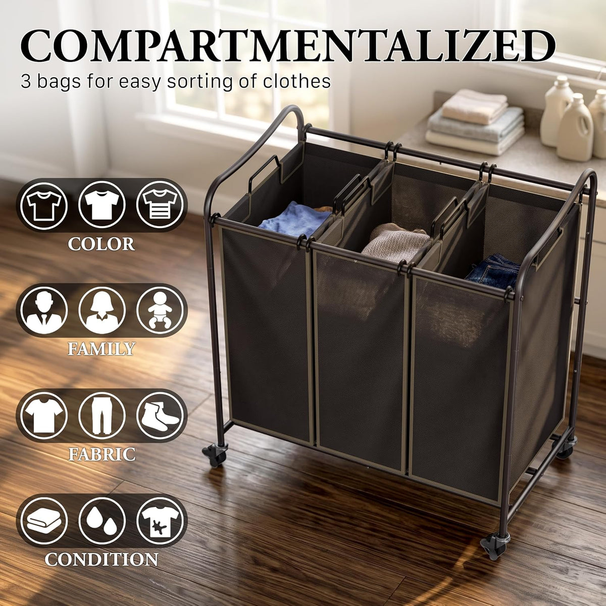 Heavy Duty 3-Bag Laundry Sorter Rolling Cart, Dark Grey