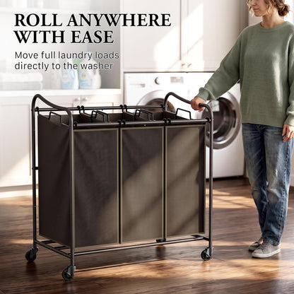 Heavy Duty 3-Bag Laundry Sorter Rolling Cart, Dark Grey