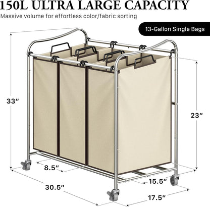 Heavy Duty 3-Bag Laundry Sorter Rolling Cart, Dark Grey