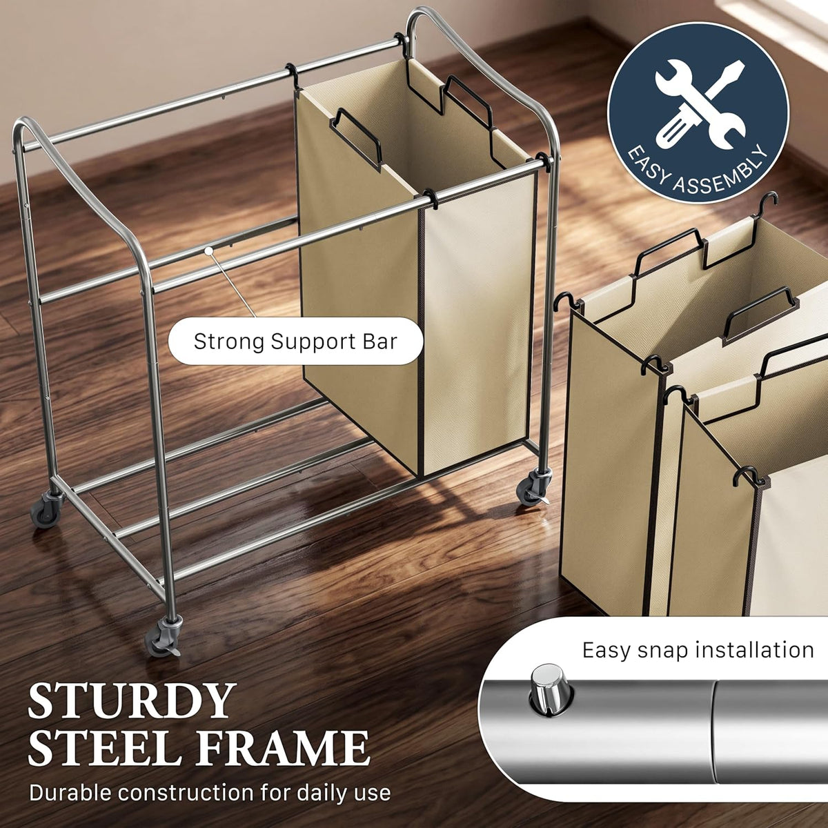 Heavy Duty 3-Bag Laundry Sorter Rolling Cart, Dark Grey