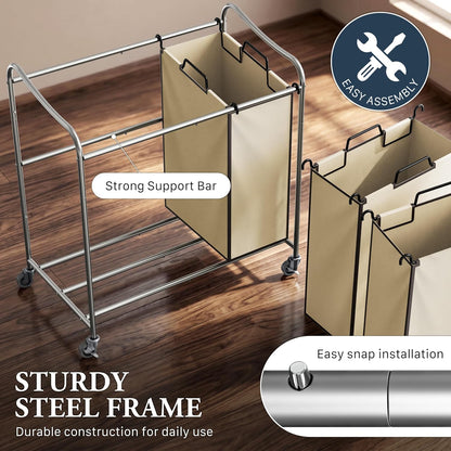 Heavy Duty 3-Bag Laundry Sorter Rolling Cart, Dark Grey