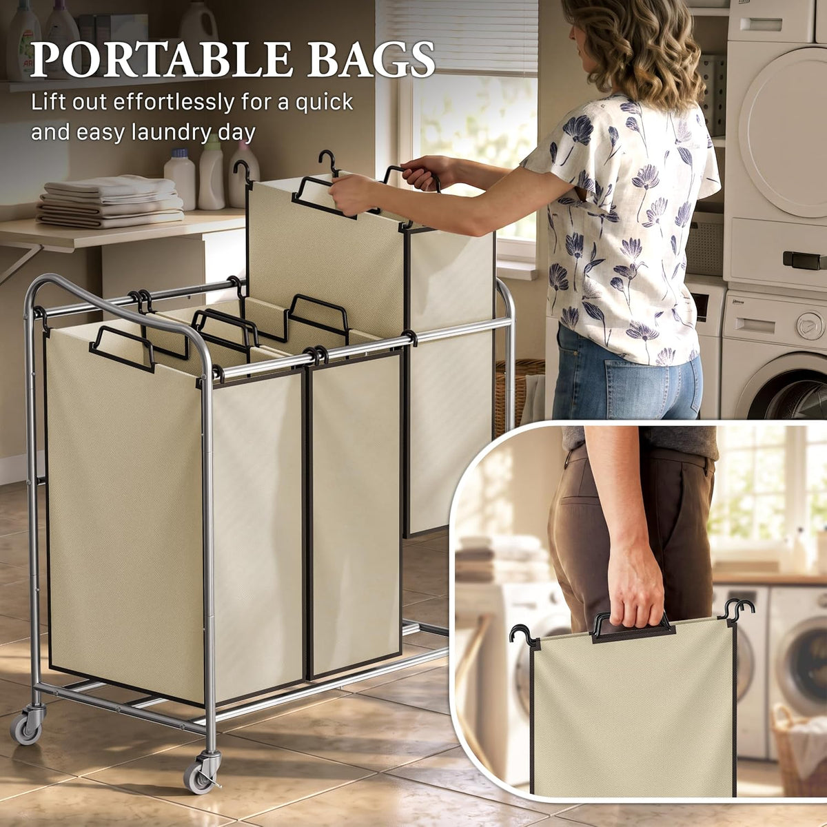 Heavy Duty 3-Bag Laundry Sorter Rolling Cart, Dark Grey