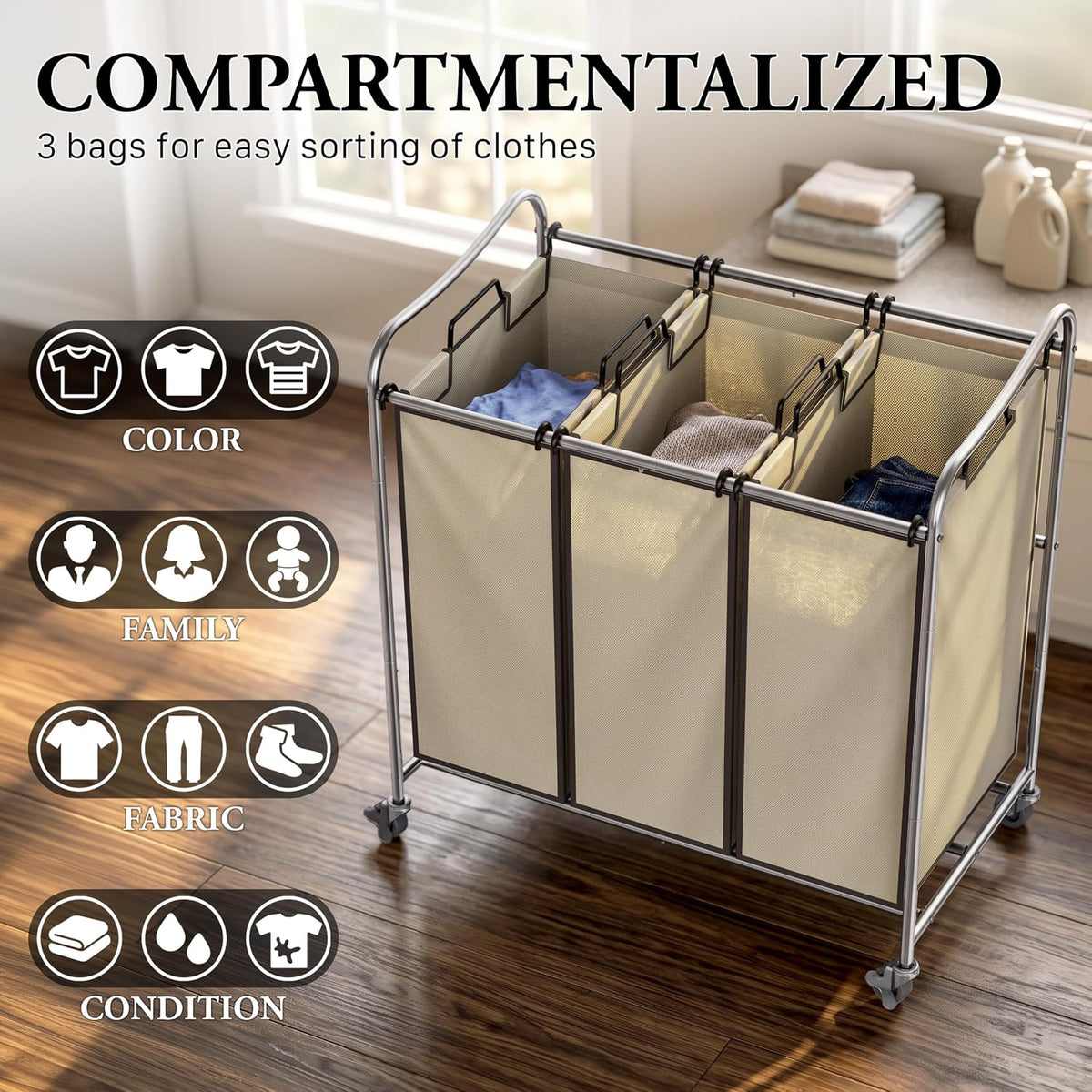 Heavy Duty 3-Bag Laundry Sorter Rolling Cart, Dark Grey
