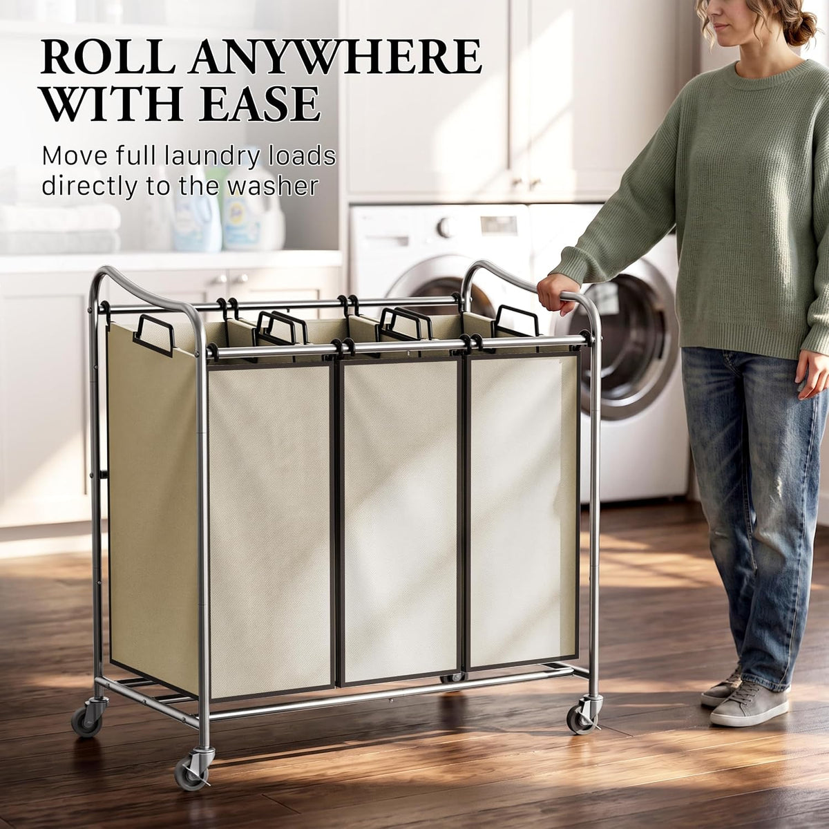 Heavy Duty 3-Bag Laundry Sorter Rolling Cart, Dark Grey