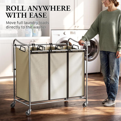 Heavy Duty 3-Bag Laundry Sorter Rolling Cart, Dark Grey