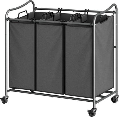 Heavy Duty 3-Bag Laundry Sorter Rolling Cart, Dark Grey