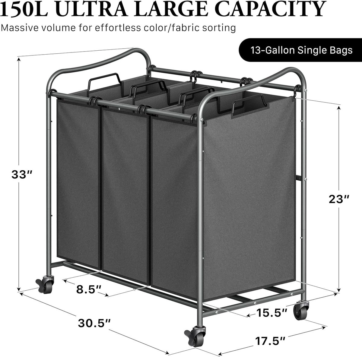 Heavy Duty 3-Bag Laundry Sorter Rolling Cart, Dark Grey