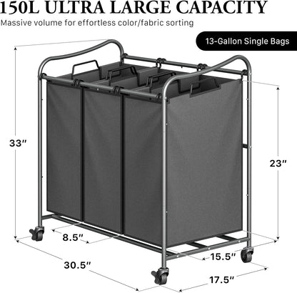 Heavy Duty 3-Bag Laundry Sorter Rolling Cart, Dark Grey