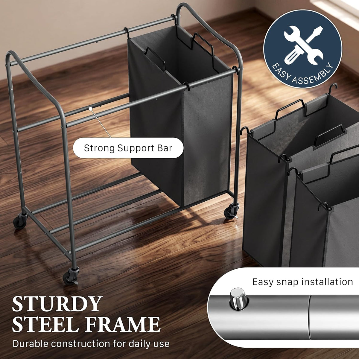 Heavy Duty 3-Bag Laundry Sorter Rolling Cart, Dark Grey
