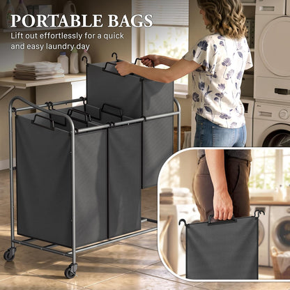Heavy Duty 3-Bag Laundry Sorter Rolling Cart, Dark Grey