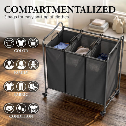 Heavy Duty 3-Bag Laundry Sorter Rolling Cart, Dark Grey
