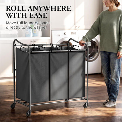 Heavy Duty 3-Bag Laundry Sorter Rolling Cart, Dark Grey