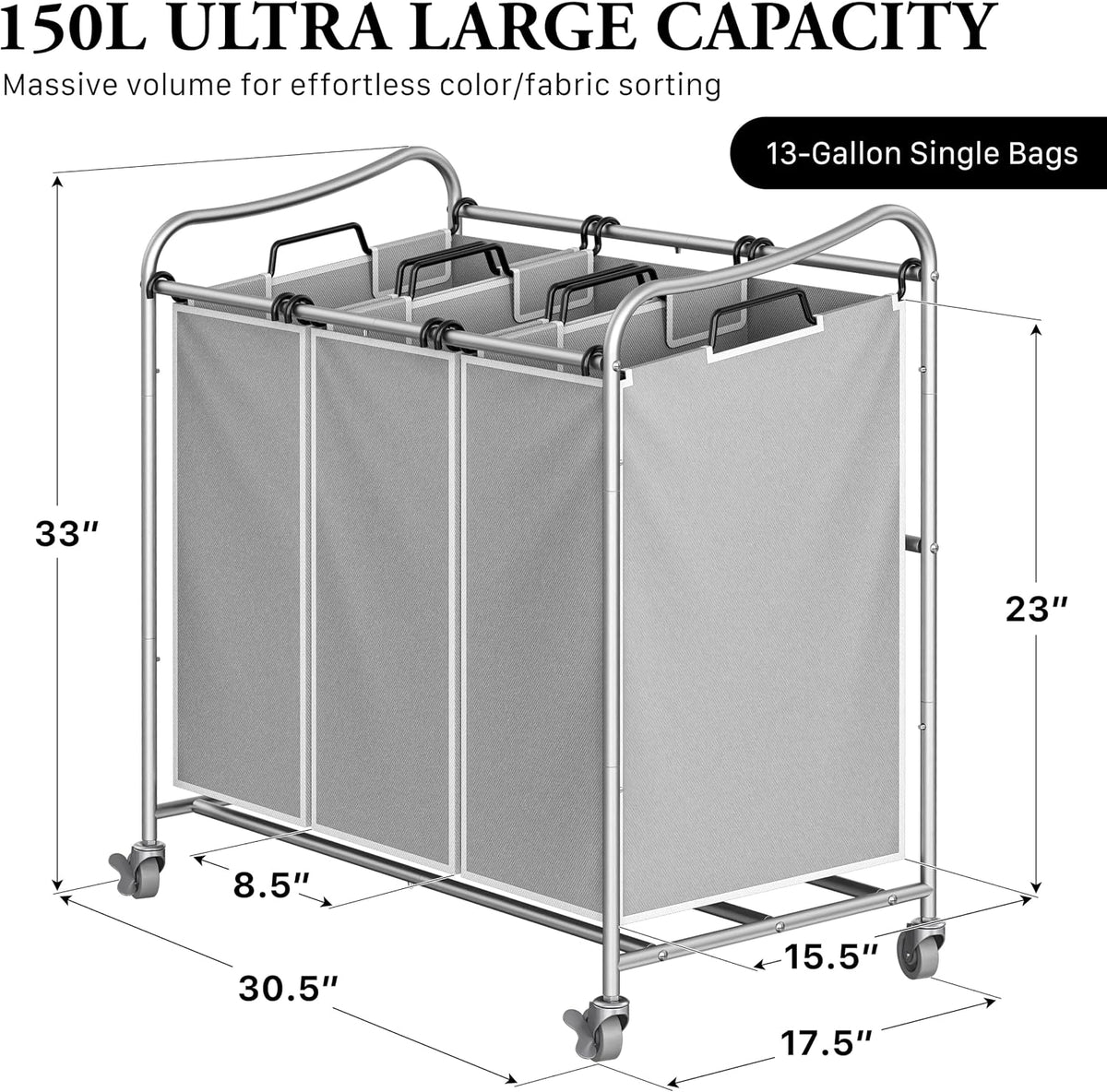 Heavy Duty 3-Bag Laundry Sorter Rolling Cart, Dark Grey