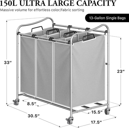 Heavy Duty 3-Bag Laundry Sorter Rolling Cart, Dark Grey