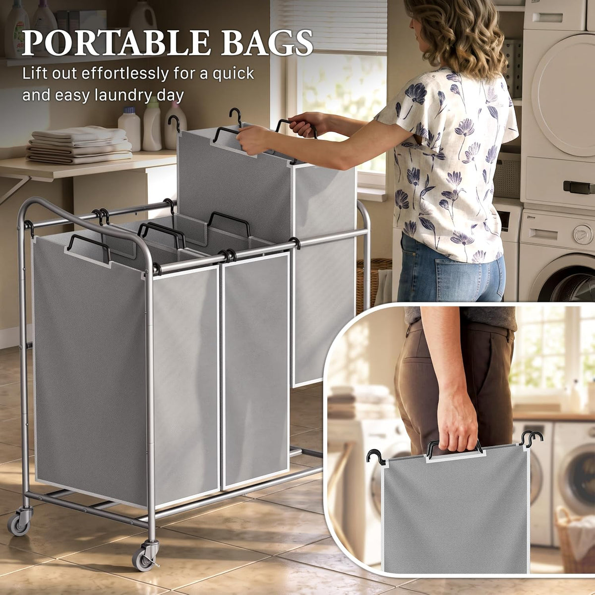 Heavy Duty 3-Bag Laundry Sorter Rolling Cart, Dark Grey