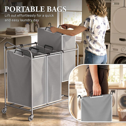 Heavy Duty 3-Bag Laundry Sorter Rolling Cart, Dark Grey