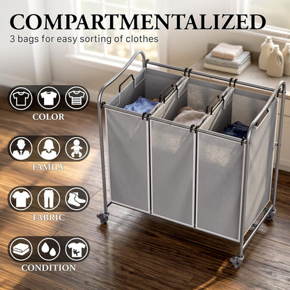 Heavy Duty 3-Bag Laundry Sorter Rolling Cart, Dark Grey