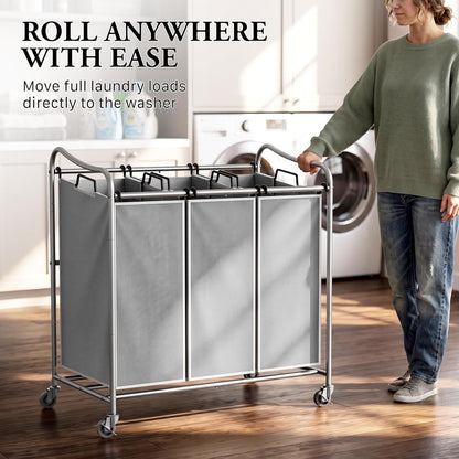 Heavy Duty 3-Bag Laundry Sorter Rolling Cart, Dark Grey