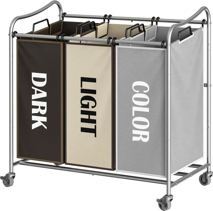 Heavy Duty 3-Bag Laundry Sorter Rolling Cart, Dark Grey