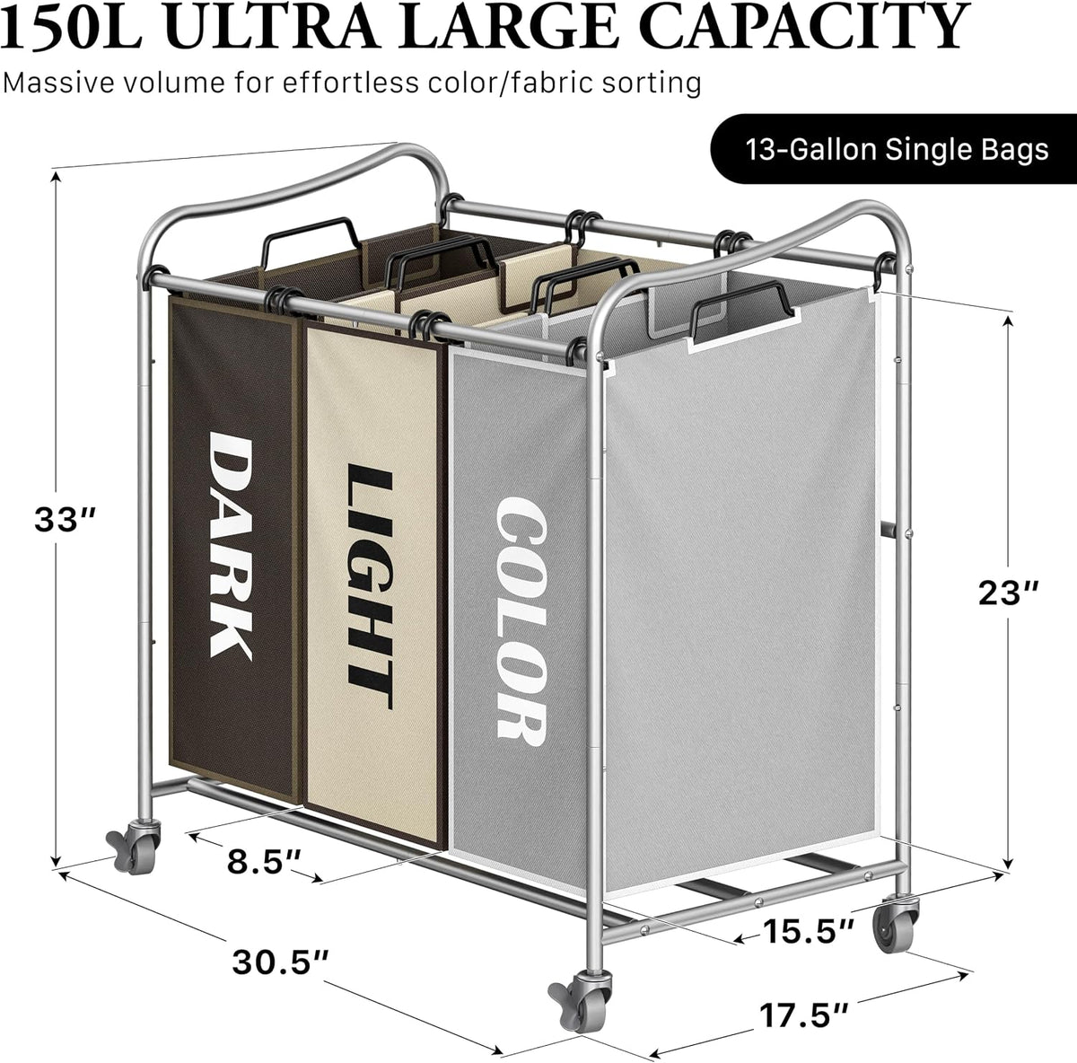 Heavy Duty 3-Bag Laundry Sorter Rolling Cart, Dark Grey
