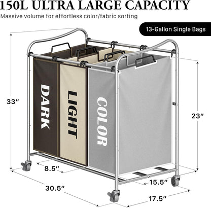 Heavy Duty 3-Bag Laundry Sorter Rolling Cart, Dark Grey