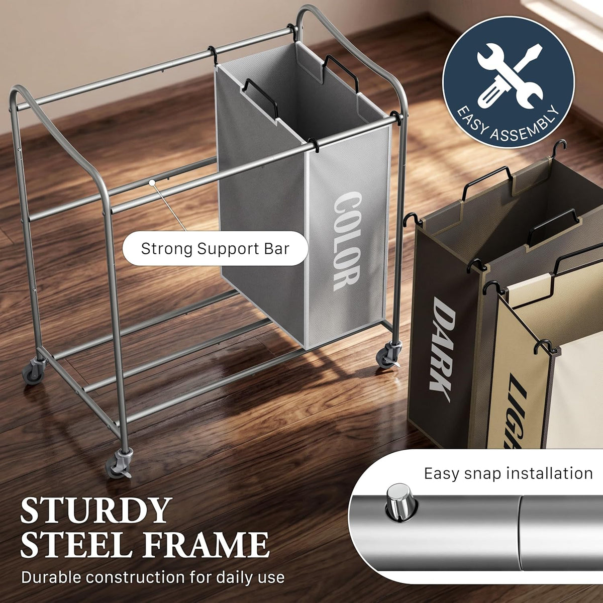 Heavy Duty 3-Bag Laundry Sorter Rolling Cart, Dark Grey