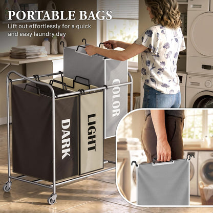 Heavy Duty 3-Bag Laundry Sorter Rolling Cart, Dark Grey