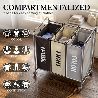 Heavy Duty 3-Bag Laundry Sorter Rolling Cart, Dark Grey