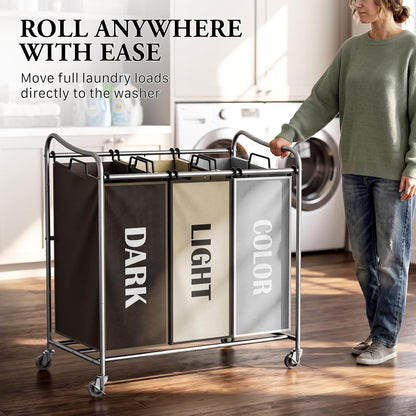Heavy Duty 3-Bag Laundry Sorter Rolling Cart, Dark Grey