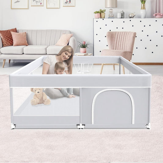 Baby Playpen, 50x50 Inch Baby Playard for Babies and Toddlers, Play Pens for Indoor & Outdoor, Sturdy Safety Play Yard with Soft Breathable Mesh, Anti-Fall, Grey