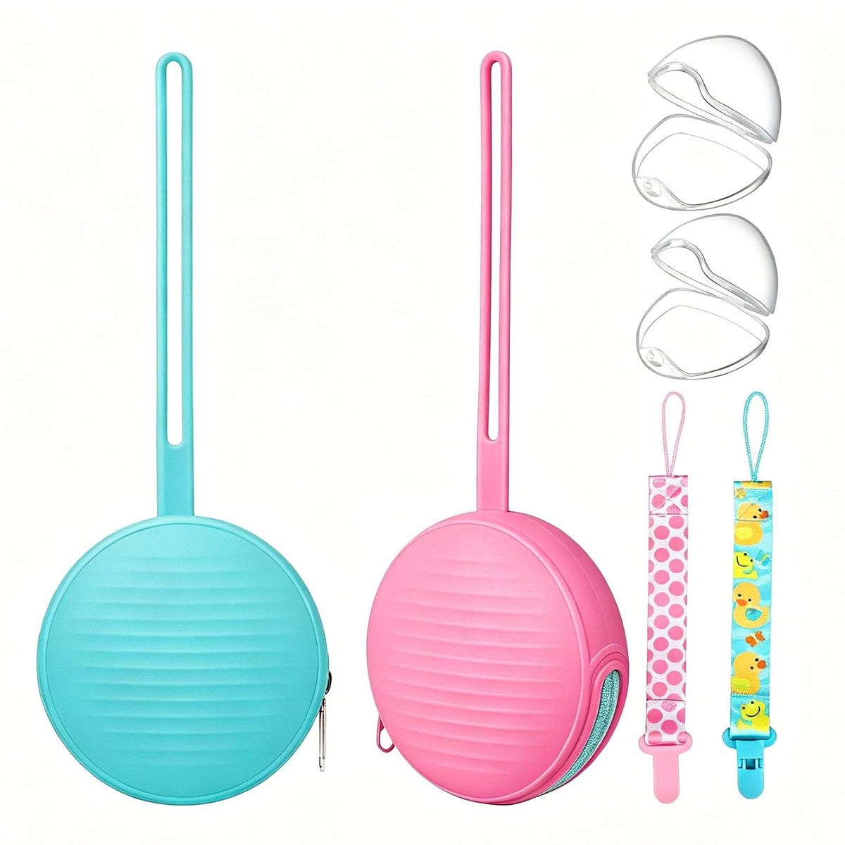 Silicone Pacifier Holder Case Set - 2 Portable Binky Pouches with 2 Transparent Storage Boxes & 2 Pacifier Clips, BPA Free