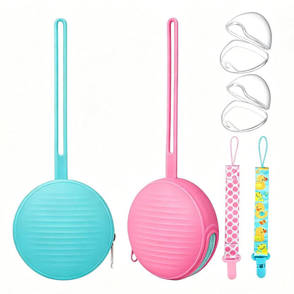 Silicone Pacifier Holder Case Set - 2 Portable Binky Pouches with 2 Transparent Storage Boxes & 2 Pacifier Clips, BPA Free
