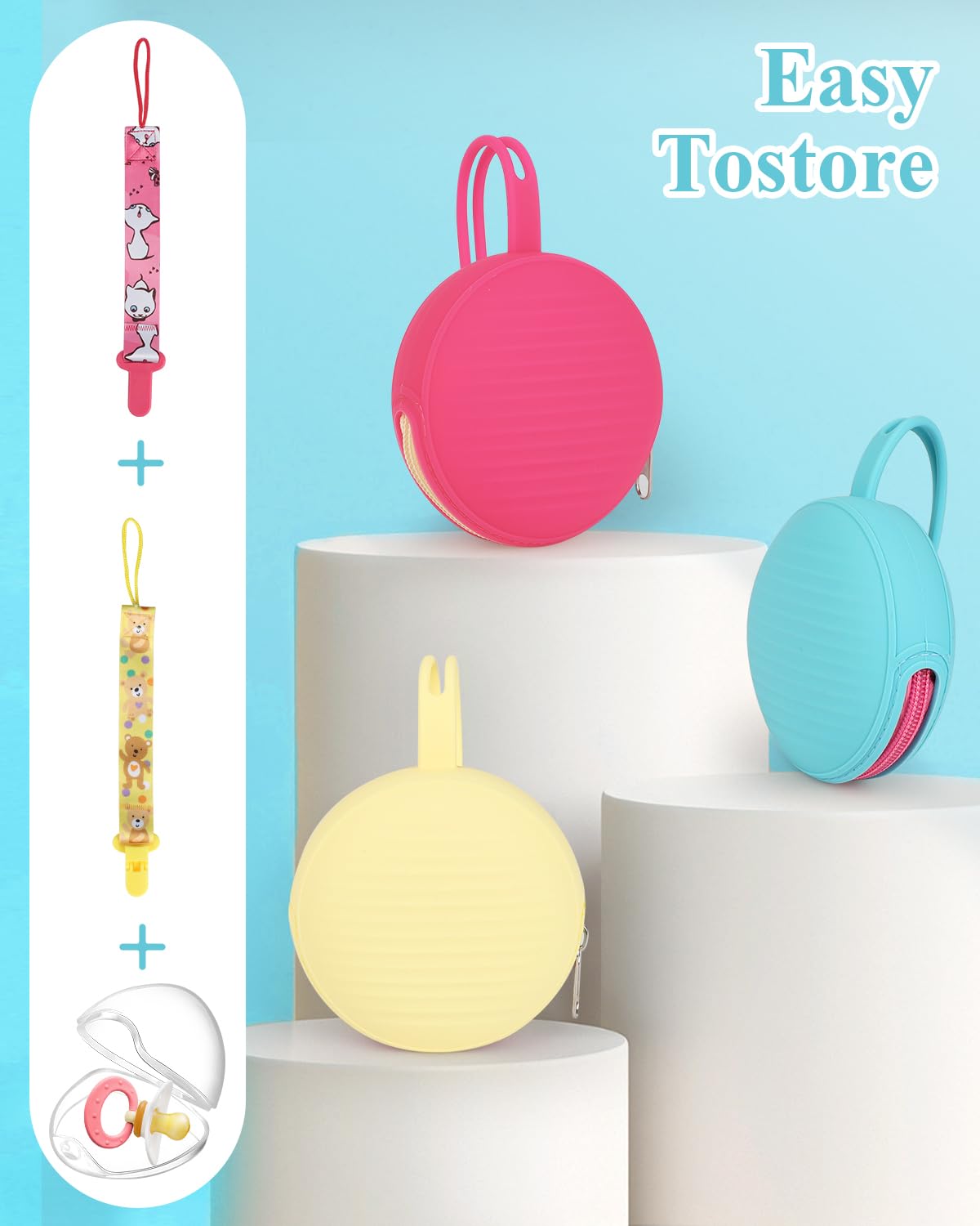 Silicone Pacifier Holder Case Set - 2 Portable Binky Pouches with 2 Transparent Storage Boxes & 2 Pacifier Clips, BPA Free