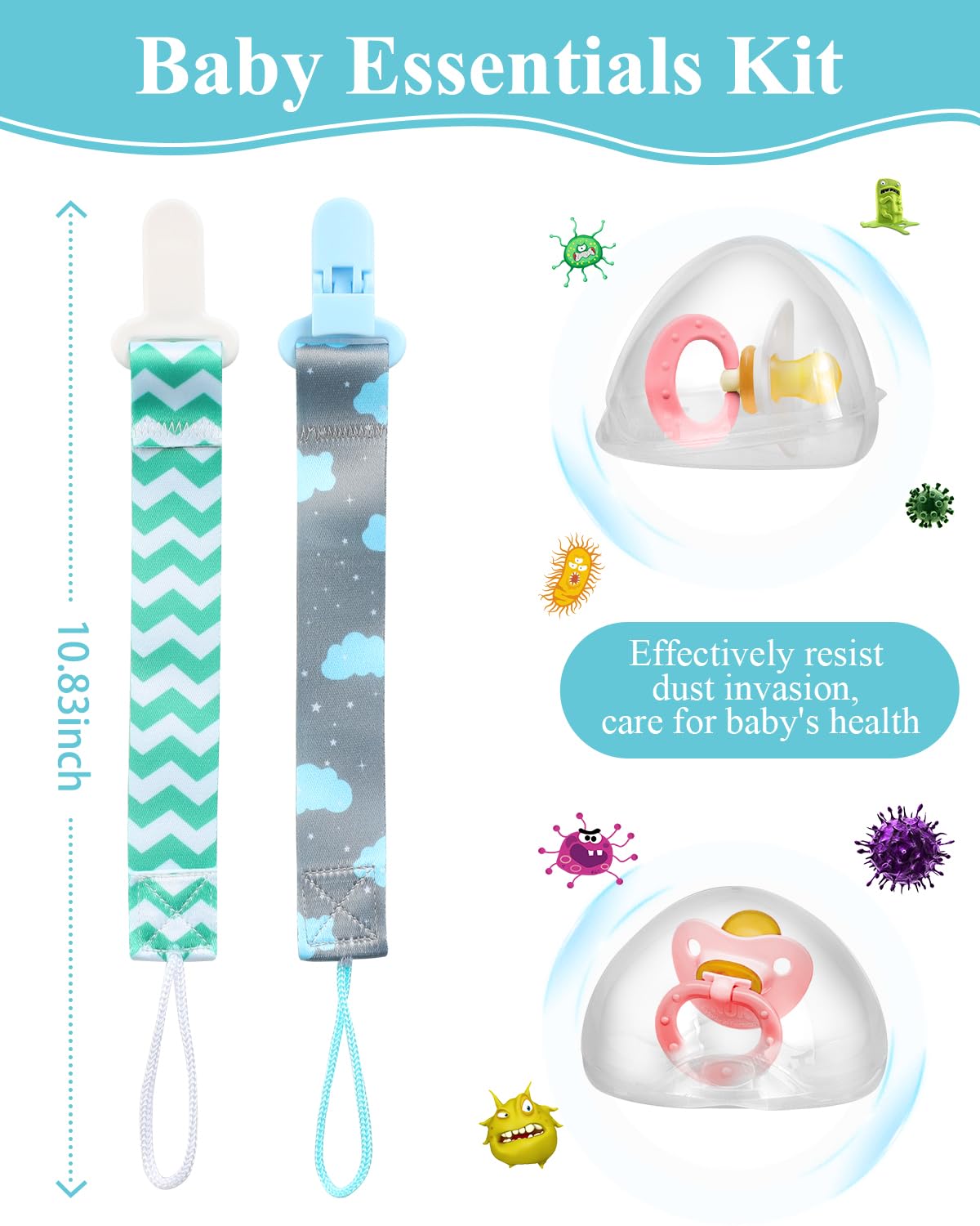 Silicone Pacifier Holder Case Set - 2 Portable Binky Pouches with 2 Transparent Storage Boxes & 2 Pacifier Clips, BPA Free