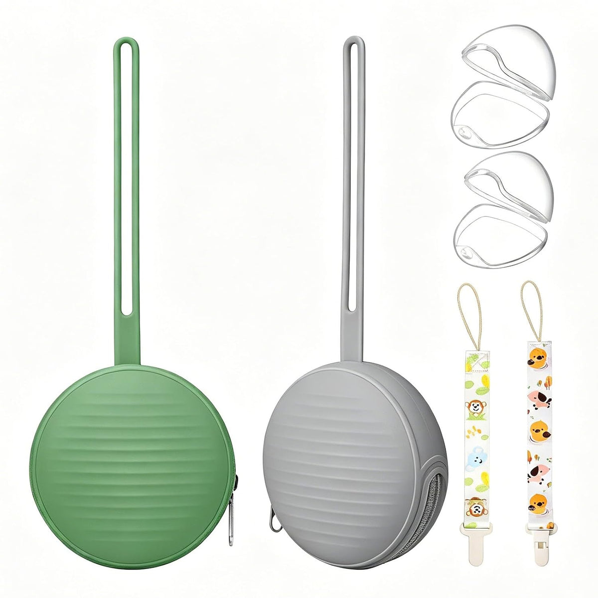 Silicone Pacifier Holder Case Set - 2 Portable Binky Pouches with 2 Transparent Storage Boxes & 2 Pacifier Clips, BPA Free