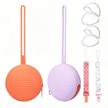 Silicone Pacifier Holder Case Set - 2 Portable Binky Pouches with 2 Transparent Storage Boxes & 2 Pacifier Clips, BPA Free