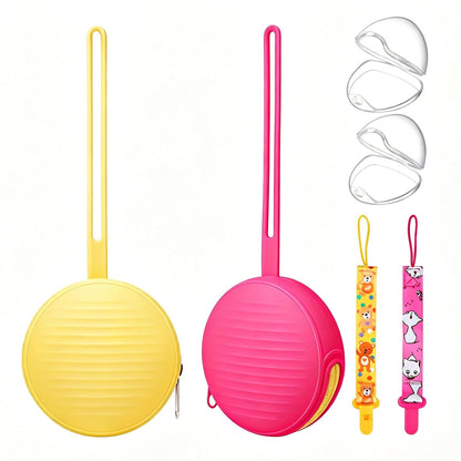 Silicone Pacifier Holder Case Set - 2 Portable Binky Pouches with 2 Transparent Storage Boxes & 2 Pacifier Clips, BPA Free