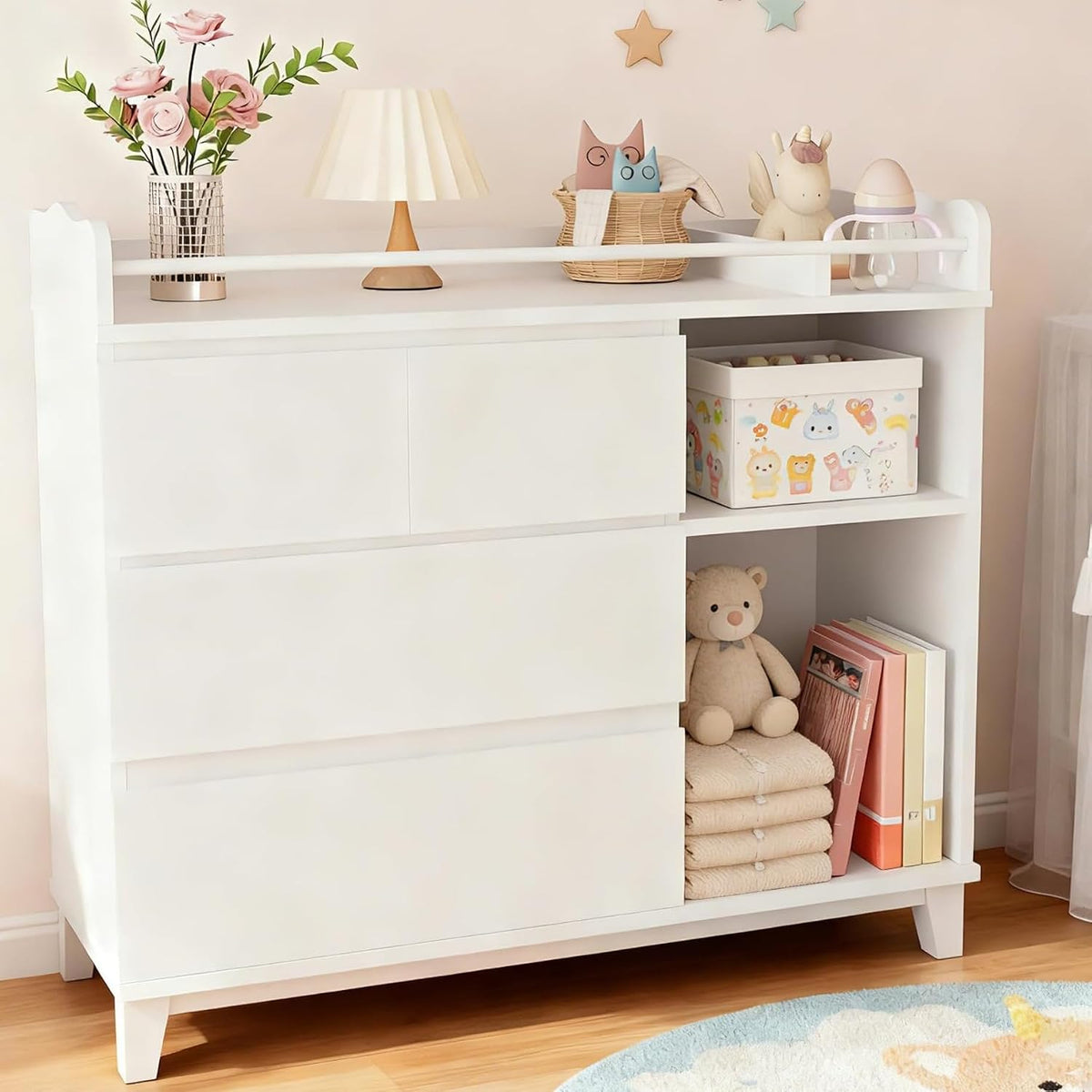 Baby Changing Table, 2 Drawers Nursery Changing Station with 4 Open Cubbies, Rolling Chest with Wheels, 43" W x 19.5" D x 40" H, White