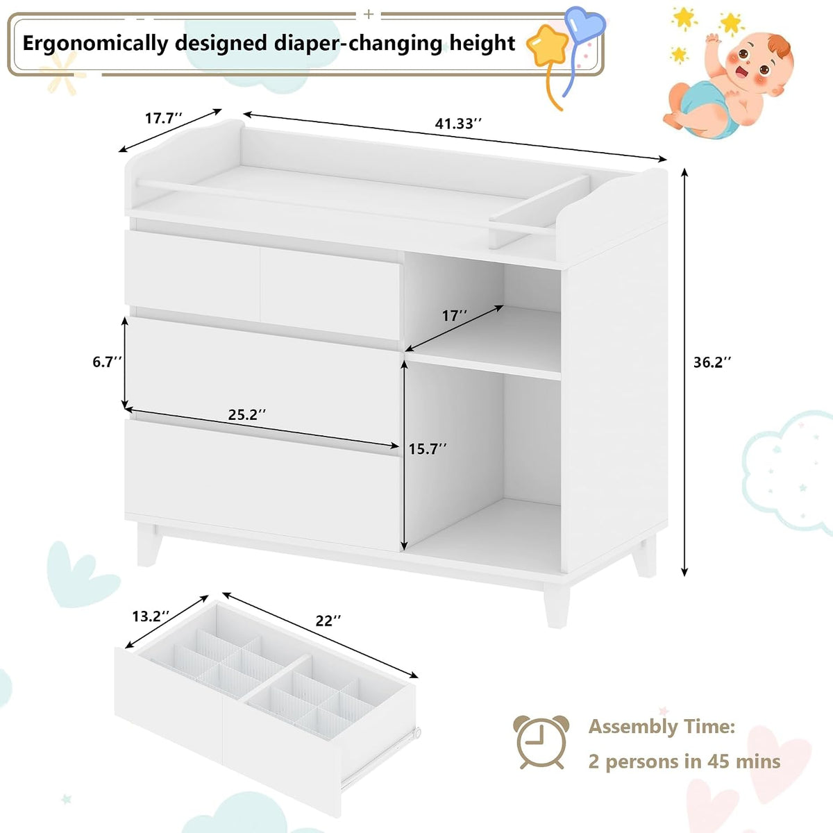 Baby Changing Table, 2 Drawers Nursery Changing Station with 4 Open Cubbies, Rolling Chest with Wheels, 43" W x 19.5" D x 40" H, White