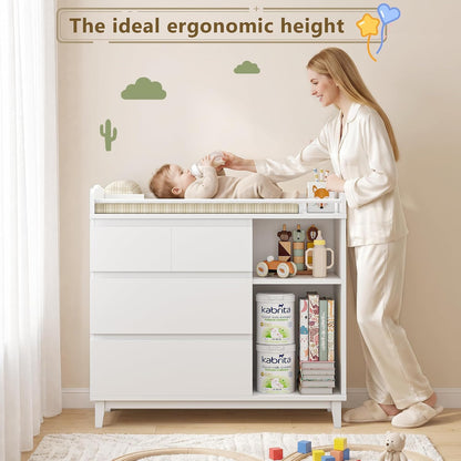 Baby Changing Table, 2 Drawers Nursery Changing Station with 4 Open Cubbies, Rolling Chest with Wheels, 43" W x 19.5" D x 40" H, White