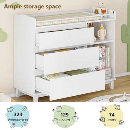 Baby Changing Table, 2 Drawers Nursery Changing Station with 4 Open Cubbies, Rolling Chest with Wheels, 43" W x 19.5" D x 40" H, White