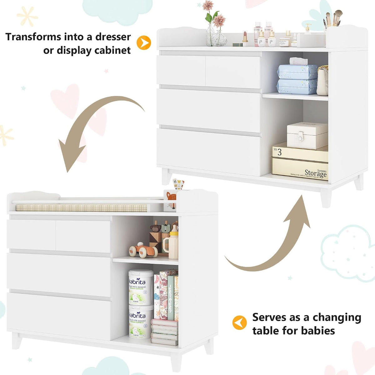 Baby Changing Table, 2 Drawers Nursery Changing Station with 4 Open Cubbies, Rolling Chest with Wheels, 43" W x 19.5" D x 40" H, White
