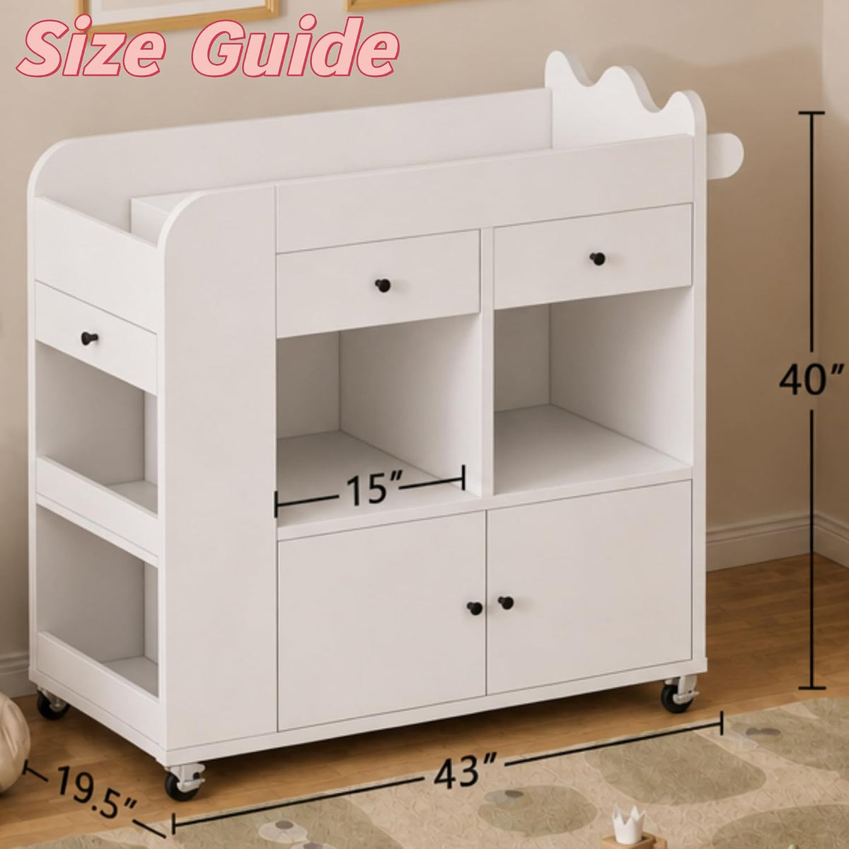 Baby Changing Table, 2 Drawers Nursery Changing Station with 4 Open Cubbies, Rolling Chest with Wheels, 43" W x 19.5" D x 40" H, White