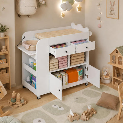 Baby Changing Table, 2 Drawers Nursery Changing Station with 4 Open Cubbies, Rolling Chest with Wheels, 43" W x 19.5" D x 40" H, White