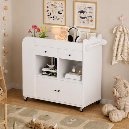Baby Changing Table, 2 Drawers Nursery Changing Station with 4 Open Cubbies, Rolling Chest with Wheels, 43" W x 19.5" D x 40" H, White