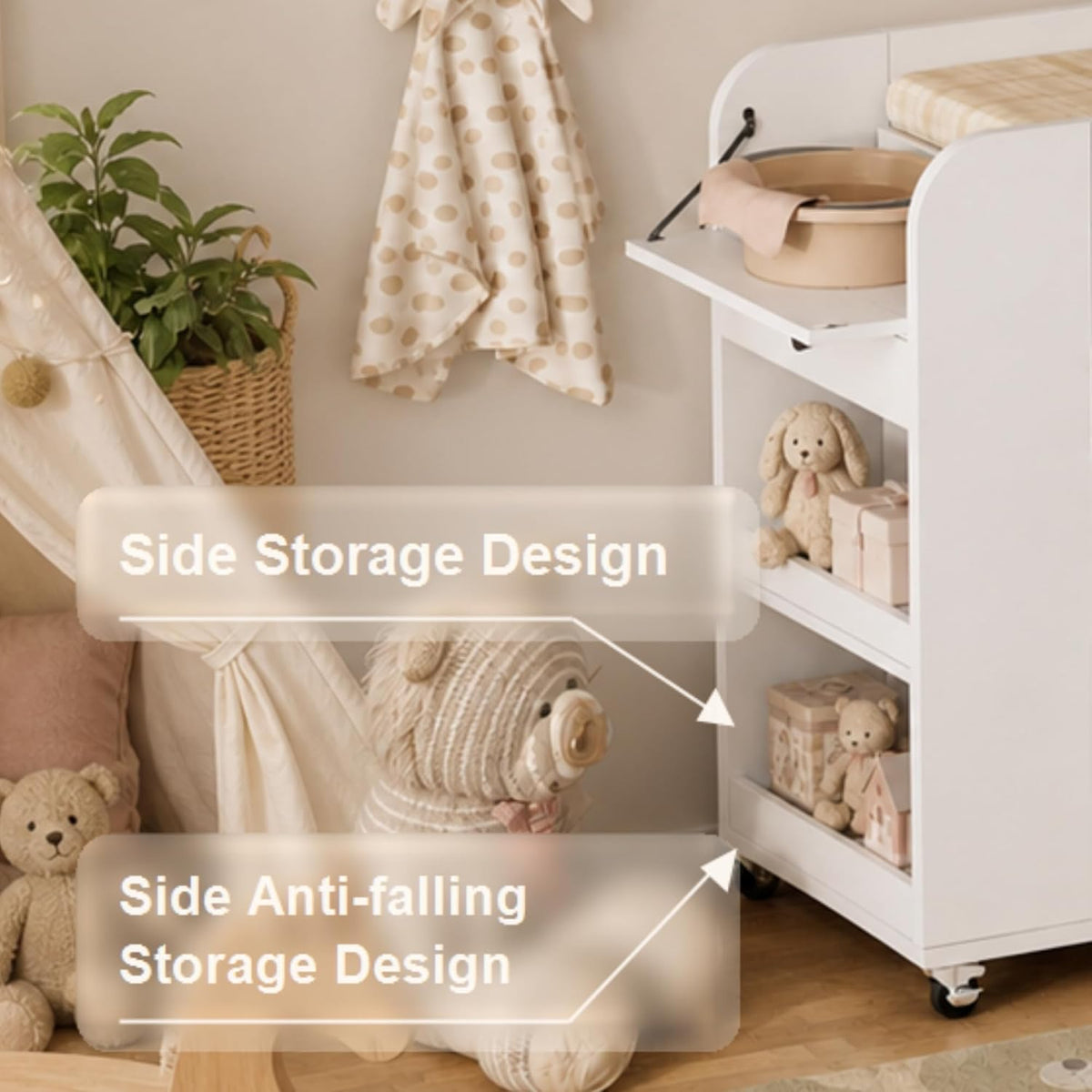 Baby Changing Table, 2 Drawers Nursery Changing Station with 4 Open Cubbies, Rolling Chest with Wheels, 43" W x 19.5" D x 40" H, White
