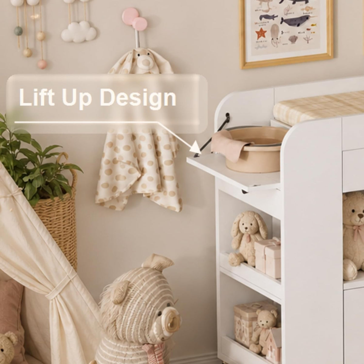 Baby Changing Table, 2 Drawers Nursery Changing Station with 4 Open Cubbies, Rolling Chest with Wheels, 43" W x 19.5" D x 40" H, White