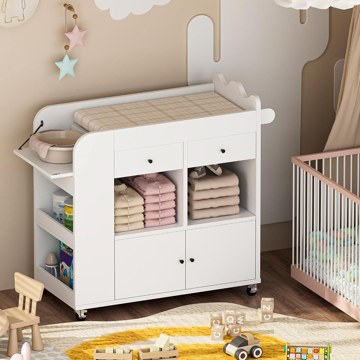 Baby Changing Table, 2 Drawers Nursery Changing Station with 4 Open Cubbies, Rolling Chest with Wheels, 43" W x 19.5" D x 40" H, White