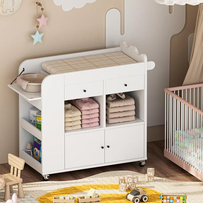 Baby Changing Table, 2 Drawers Nursery Changing Station with 4 Open Cubbies, Rolling Chest with Wheels, 43" W x 19.5" D x 40" H, White