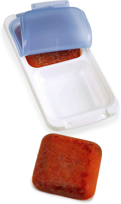 PrepWorks Dishwasher Safe Half Cup, 6-Serving Leftover Soup & Food Storage Freezer Pod Tray with Silicone Lid, Blue/White